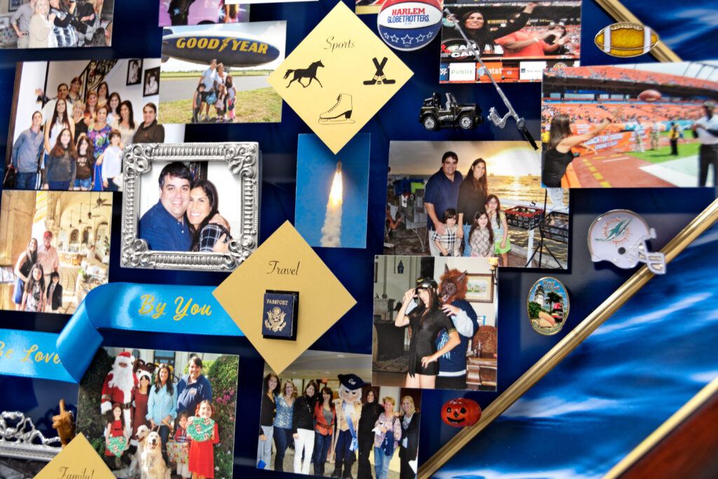 Close-up of 3D miniature objects in commemorative collage