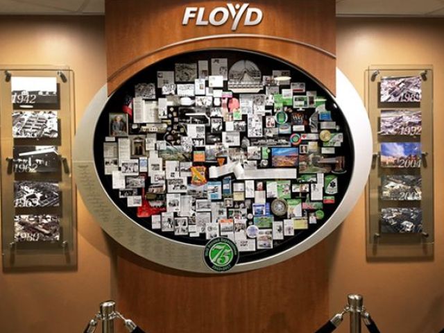 Anniversary collage for Floyd Medical Center hanging on lobby wall