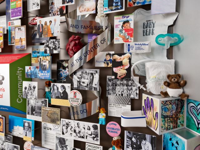 Close-up of 3D miniature objects in commemorative collage