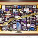Shadow box collage for Leidos CEO tribute with headquarters building created in miniature