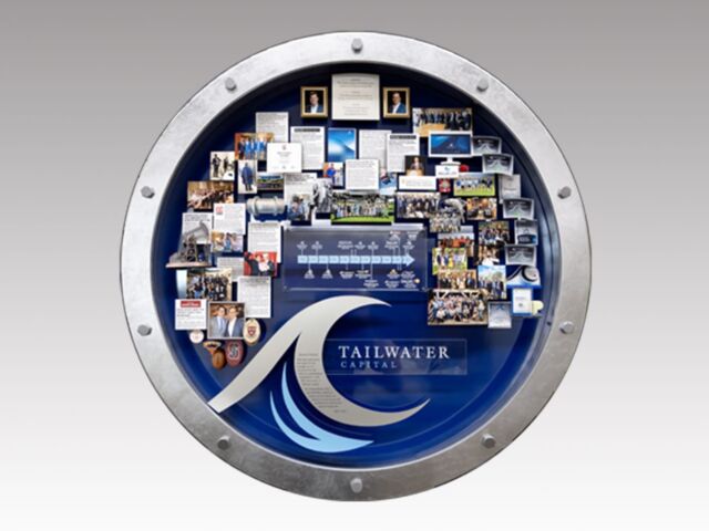 Shadow box collage commemorating Tailwater Capital's 10th Anniversary and their founders in circular silver metal frame