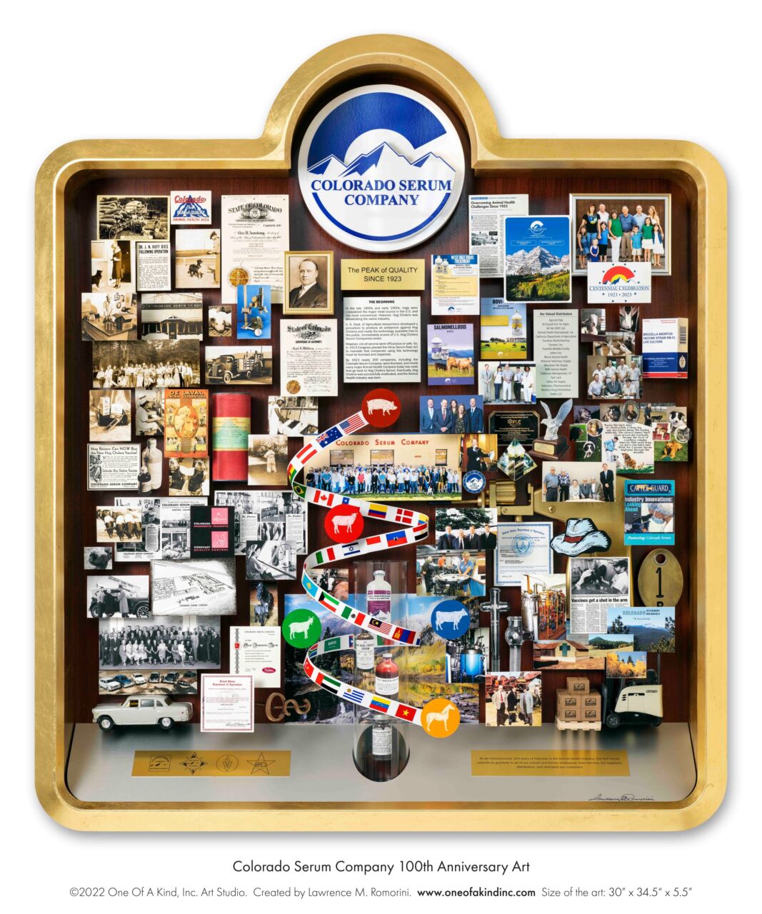 Shadow box collage commemorating Colorado Serum's 100th Anniversary
