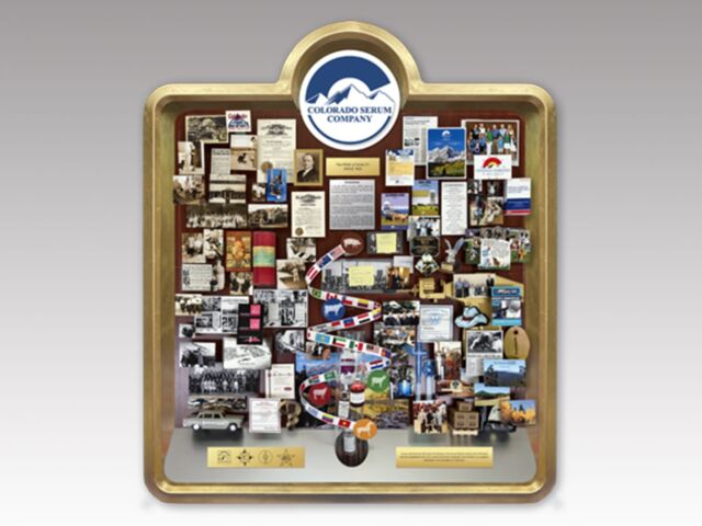Shadow box collage commemorating Colorado Serum's 100th Anniversary