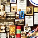 Close-up of 3D miniature objects in commemorative collage