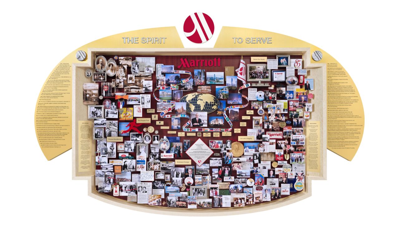 Large shadow box collage commemorating Marriott's 85th Anniversary