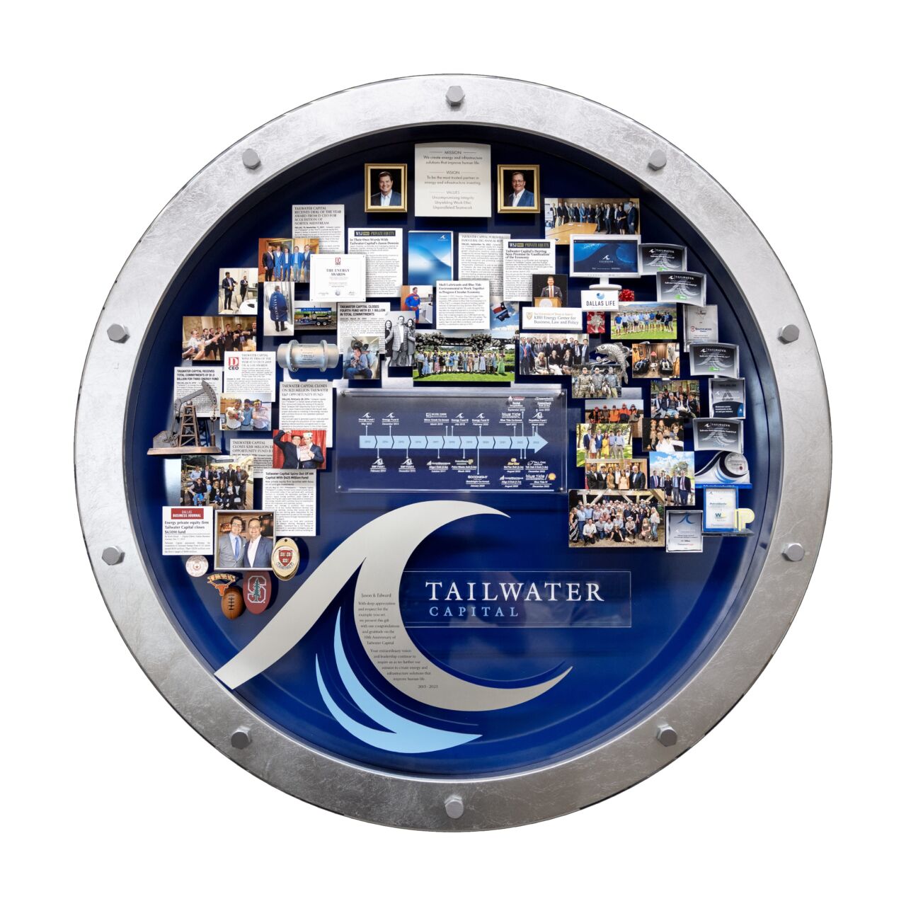 Shadow box collage commemorating Tailwater Capital's 10th Anniversary and their founders in circular silver metal frame
