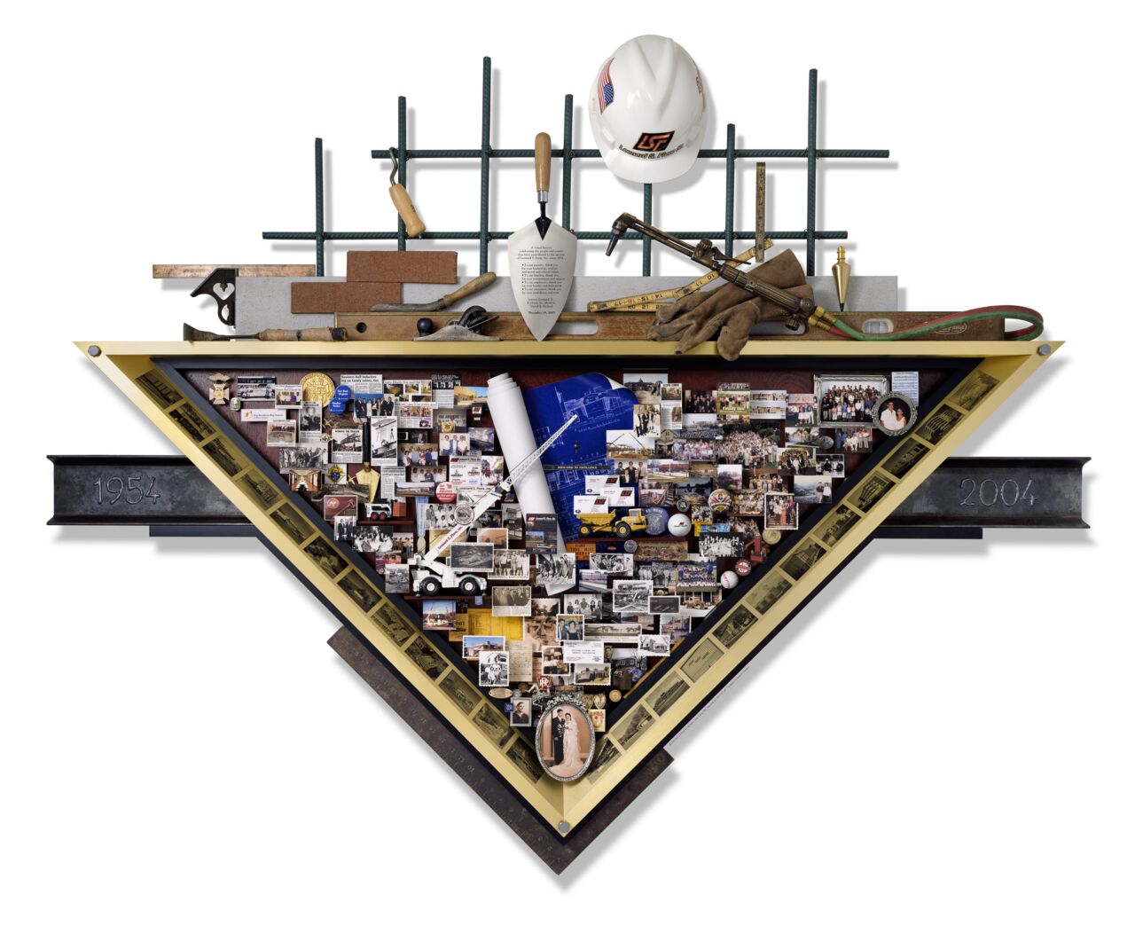 Triangular shadow box collage with rebar extension that commemorates L.S. Fiore Constructors' 50th Anniversary