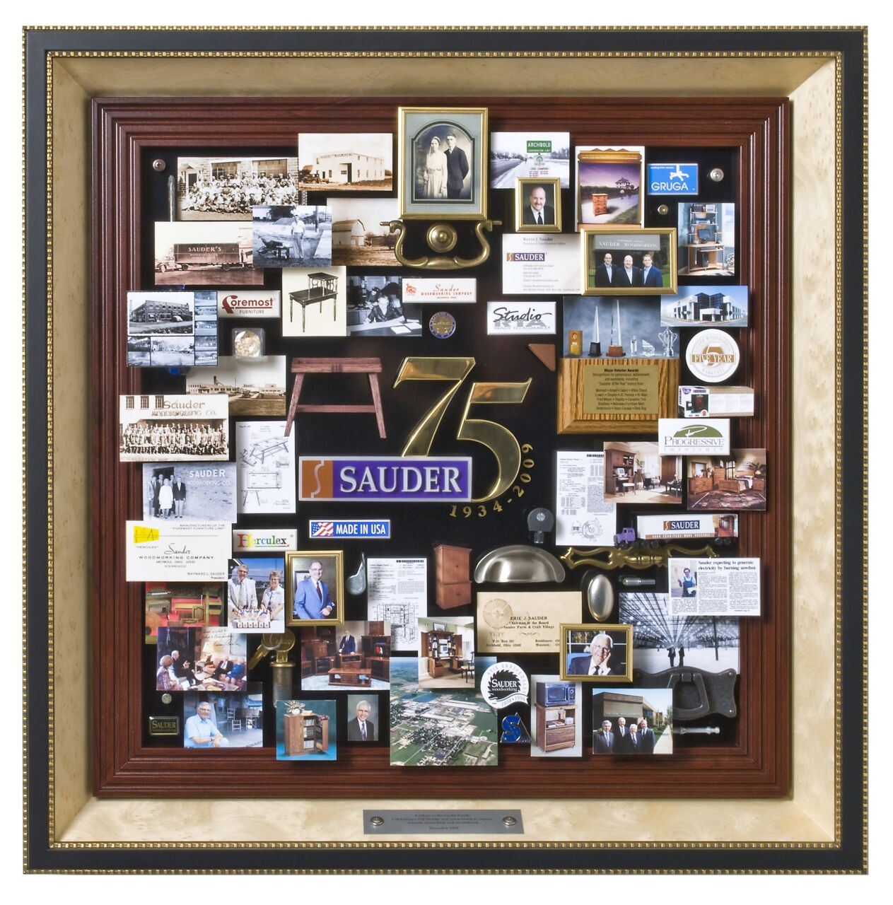 Shadow box collage commemorating Sauder Woodworking's 75th Anniversary