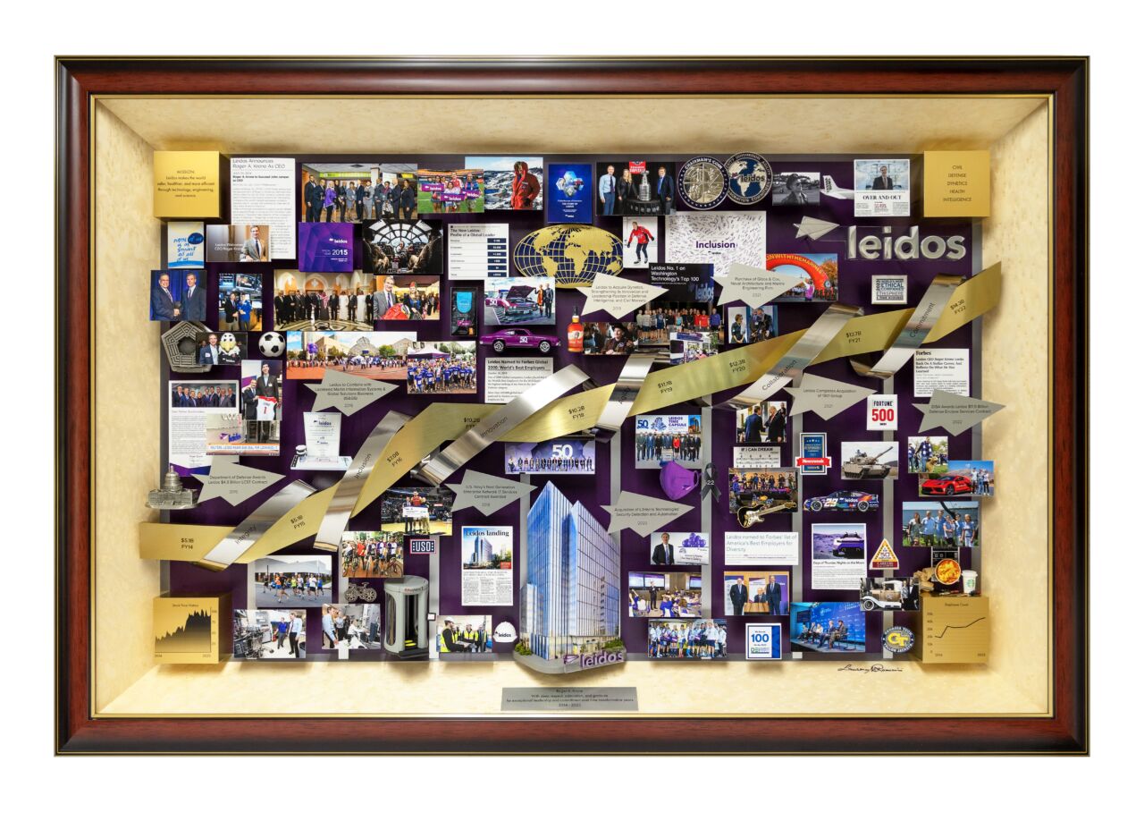 Shadow box collage for Leidos CEO tribute with headquarters building created in miniature