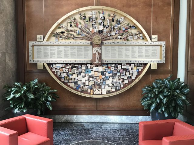 Large shadow box collage hanging in lobby that commemorates American Academy of Orthopaedic Surgeons 75th Anniversary