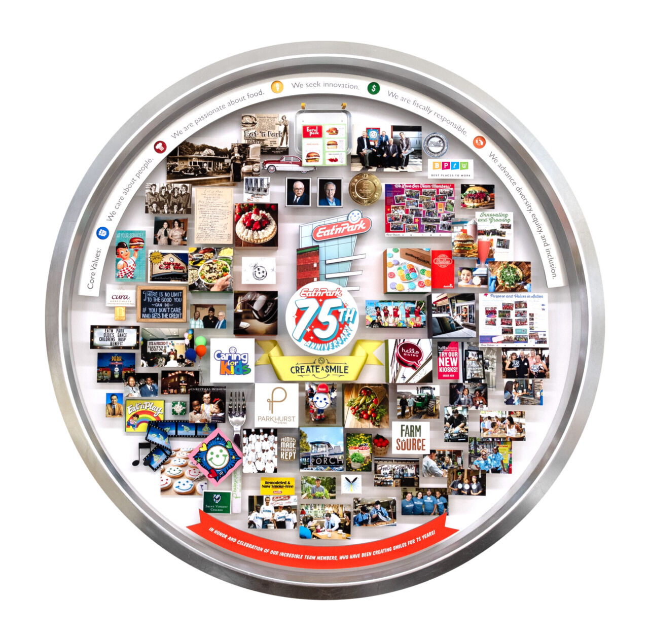 Shadow box collage commemorating Eat'n Park's 75th anniversary in circular silver metal frame