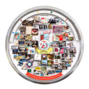Shadow box collage commemorating Eat'n Park's 75th anniversary in circular silver metal frame