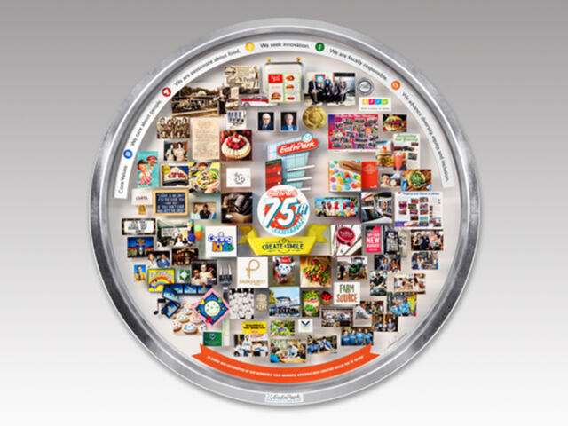 Shadow box collage commemorating Eat'n Park's 75th anniversary in circular silver metal frame