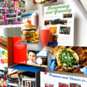 Close-up of 3D miniature objects in commemorative collage including strawberry milkshake