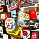 Close-up of 3D miniature objects in commemorative collage including 75th anniversary logo