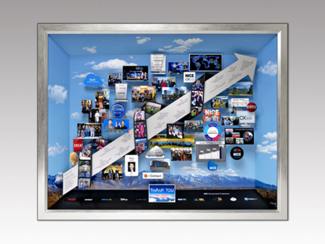 Shadow box collage for NICE's CEO with timeline engraved on silver metal arrow