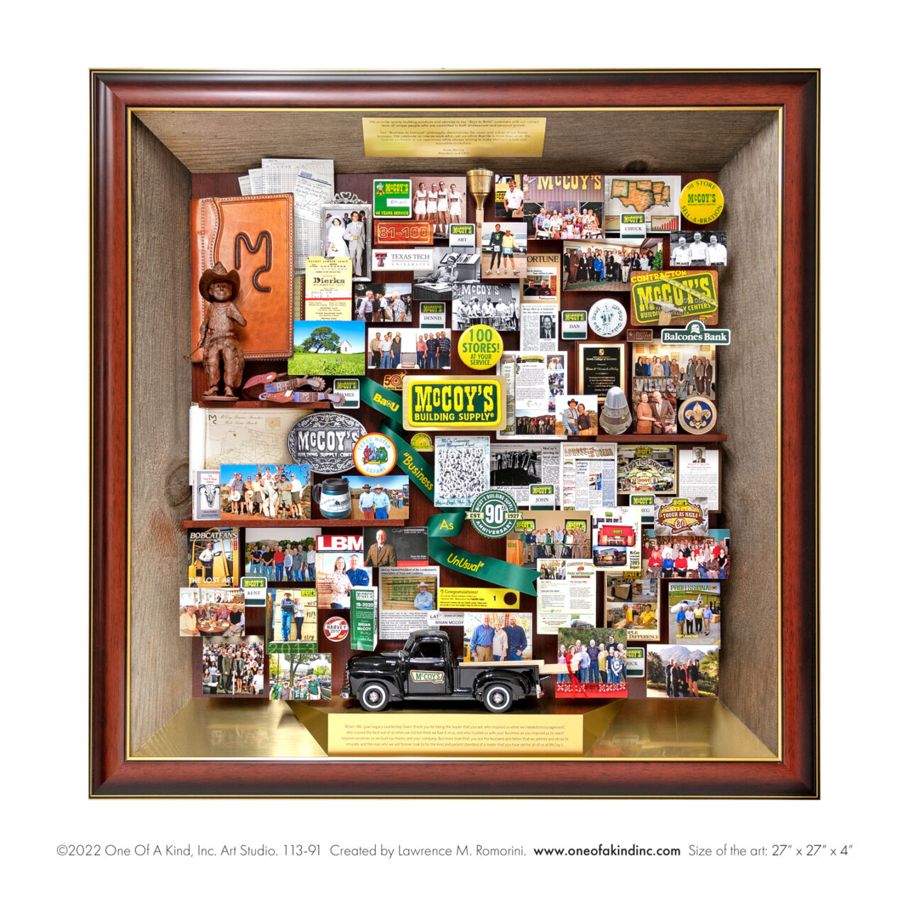 Shadow box collage for McCoy's Building Supply CEO retirement with barn wood slanted inner sides