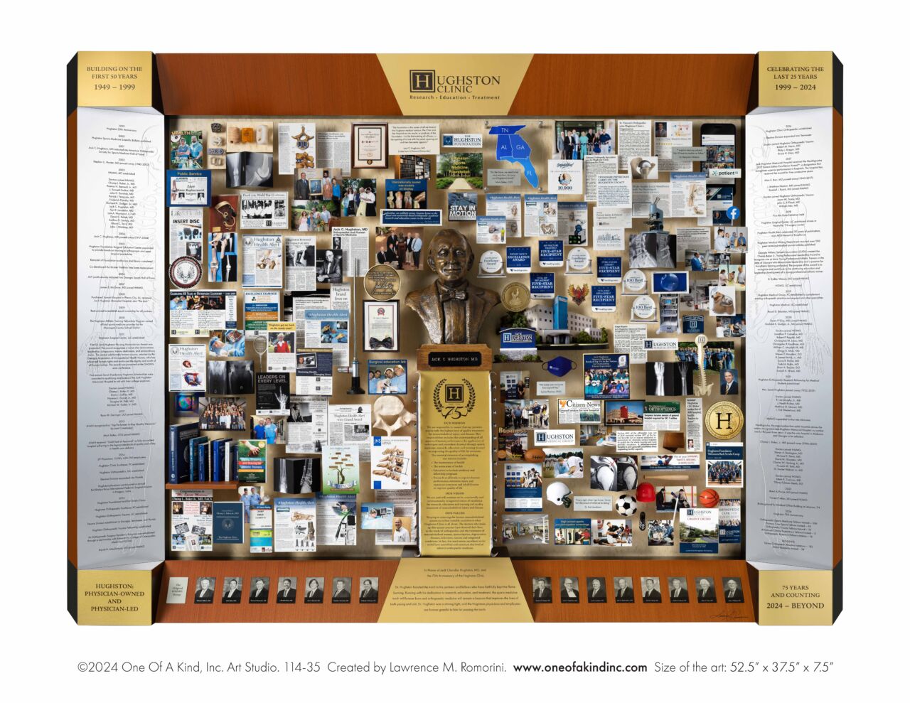 Large shadow box collage commemorating Hughston Clinic's 75th Anniversary with a bust of the founder in the center
