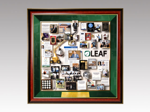 Shadow box collage for LEAF Commercial Capital's CEO retirement with glossy inner sides