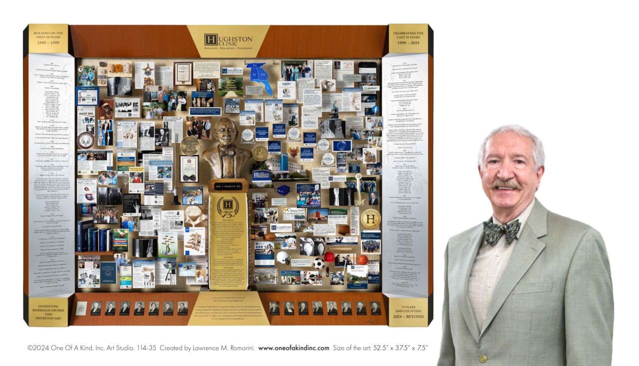 Artist Lawrence Romorini standing next to the large shadow box collage commemorating Hughston Clinic's 75th Anniversary