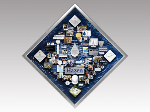 Diamond-shaped shadow box collage honoring an executive at Hazen and Sawyer