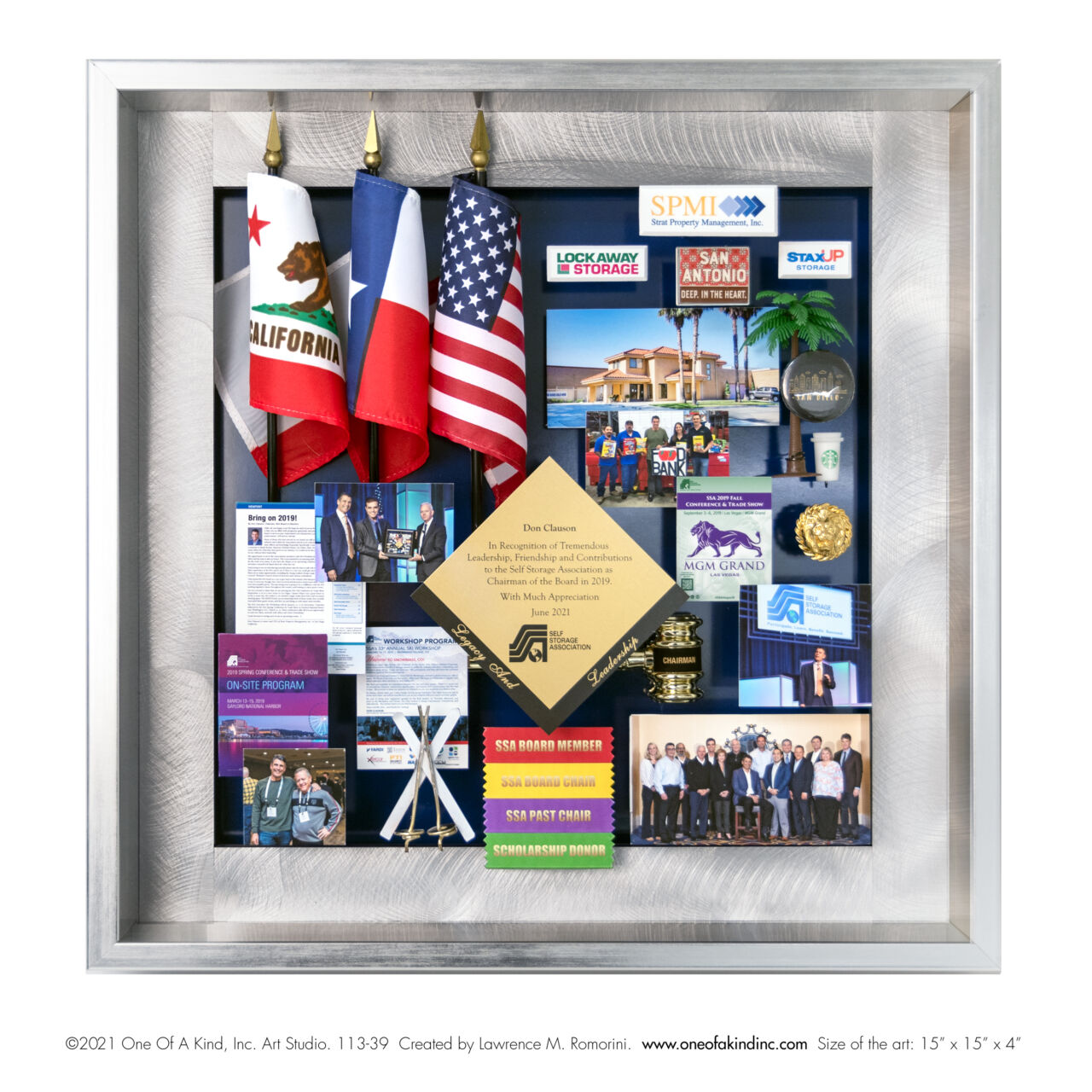 Square collage with 3D state flags honoring Self Storage Association Chairman