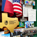 Close-up of Texas-shaped centerpiece and miniature flags