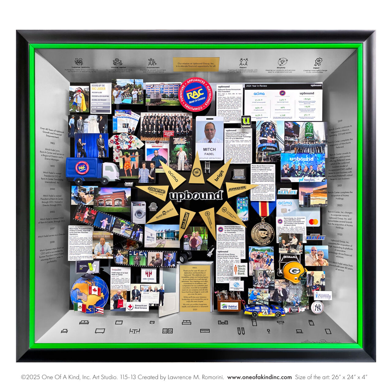 Upbound collage for retiring CEO, square-shaped with silver metal sides