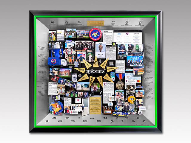 Upbound collage for retiring CEO, square-shaped with silver metal sides